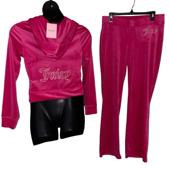 JUICY COUTURE FREE LOVE HOT PINKRHINESTONE VELOUR ZIP UP CROPPED TRACKSUIT NWT